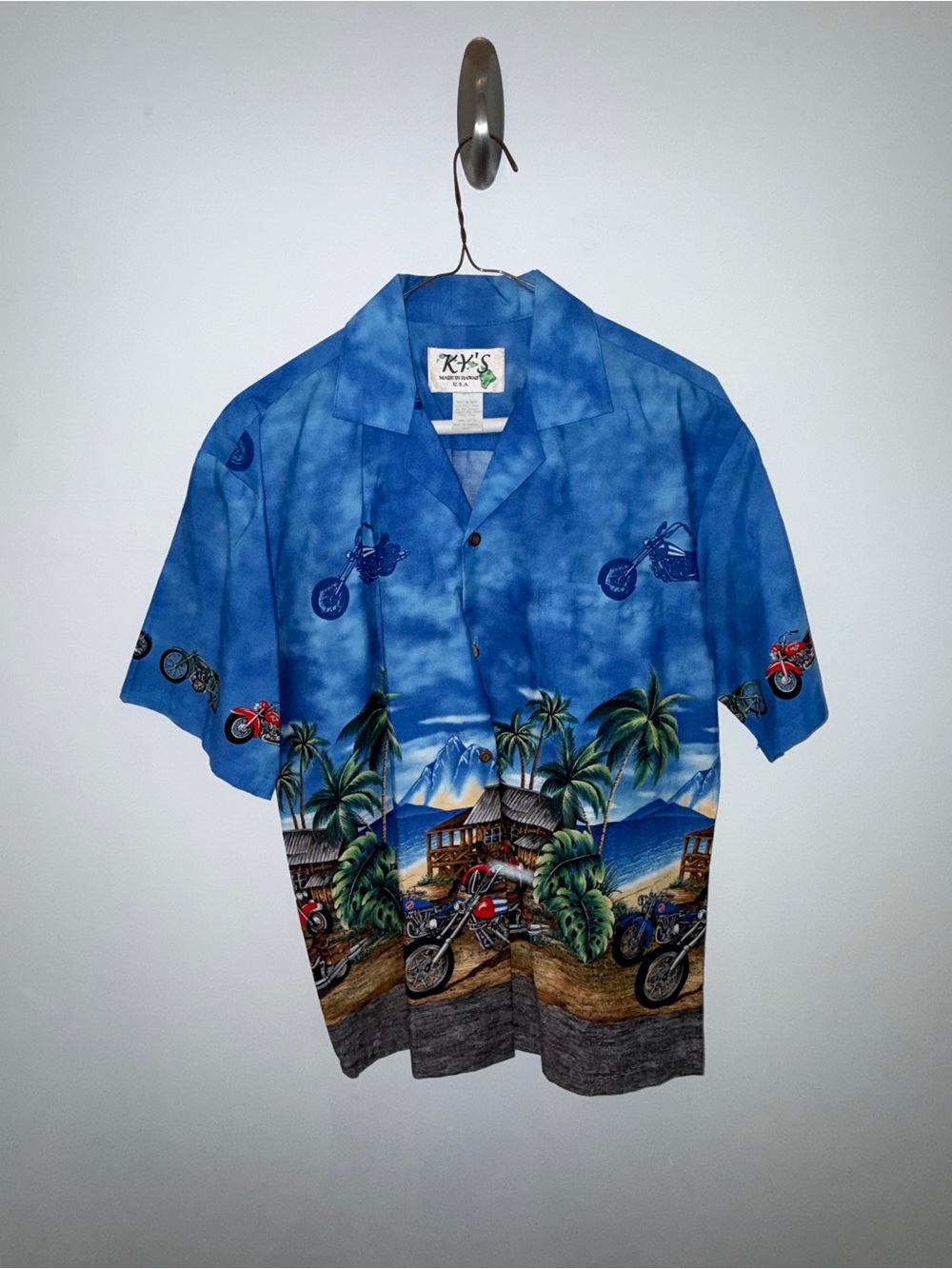 KYS Blue Motorcycle Print Camp Shirt - Picture 1 of 9